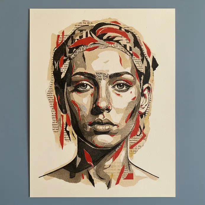 A portrait collage combining a photographic base with layered paper cutouts, text, and drawings representing personal symbols.