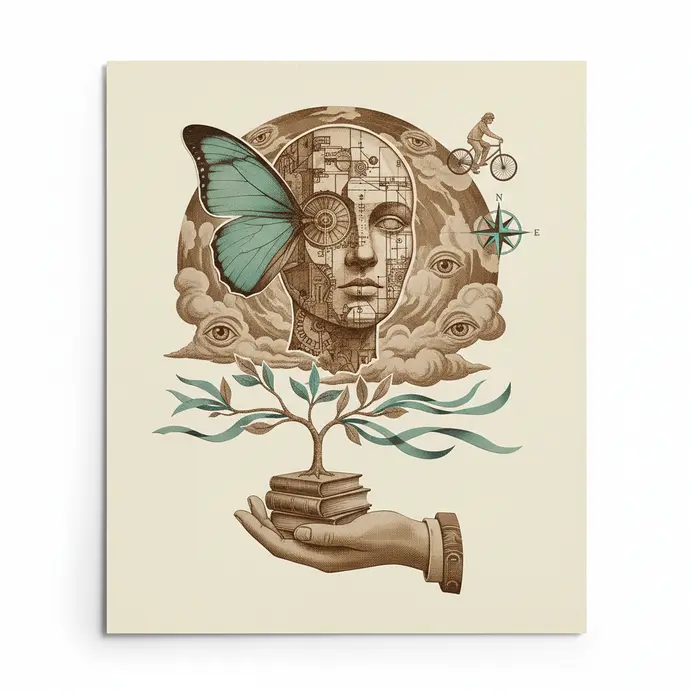 A surreal digital collage image combining human faces, natural elements, and architectural details.