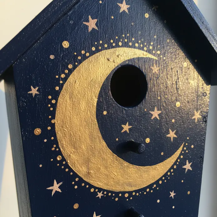 A navy blue birdhouse roof dotted with small gold star and crescent moon details.