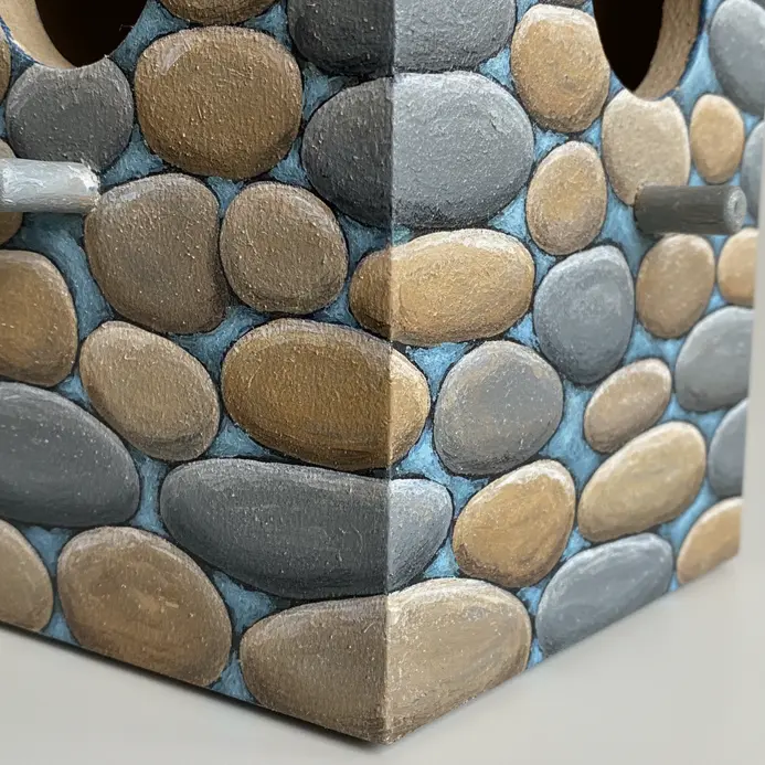 The lower portion of a birdhouse is painted with grey ovals to resemble smooth river rocks.