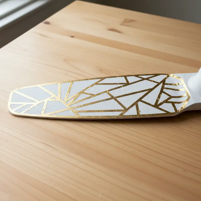 A white ceiling fan blade decorated with a sharp, metallic gold geometric design.