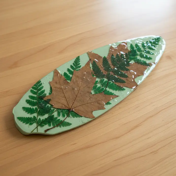 A clear-coated fan blade with an arrangement of delicate, preserved fern and maple leaves adhered to the surface.