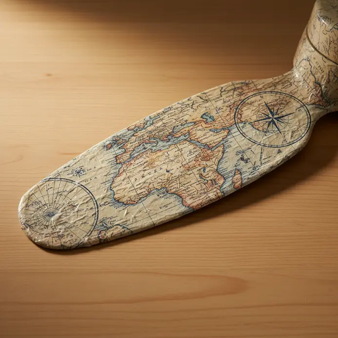 A ceiling fan blade featuring a collage of vintage map pieces sealed with decoupage medium.
