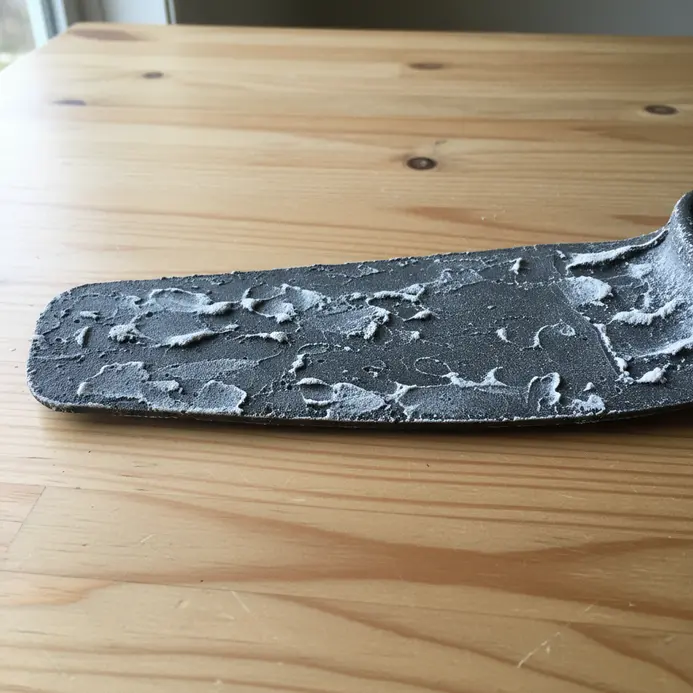 A fan blade painted a deep charcoal grey with a textured additive to create a rough, concrete-like surface.