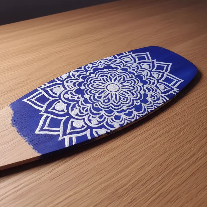 A circular, intricate mandala pattern stenciled in metallic silver paint on a dark blue fan blade.