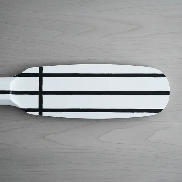 A simple white fan blade with thin, parallel black matte paint stripes.