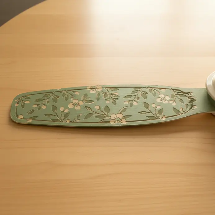 A pale blue fan blade decorated with a repeating botanical leaf and flower stencil pattern.