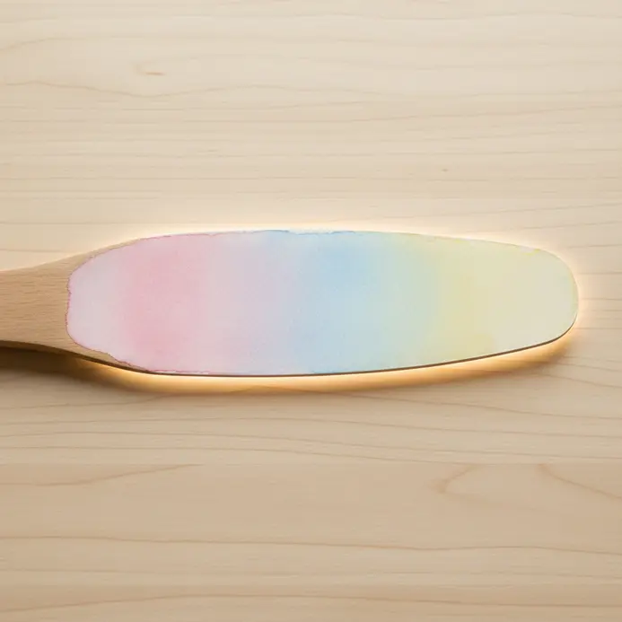 A white fan blade showing a gentle gradient wash of pink, blue, and yellow watercolor paint.
