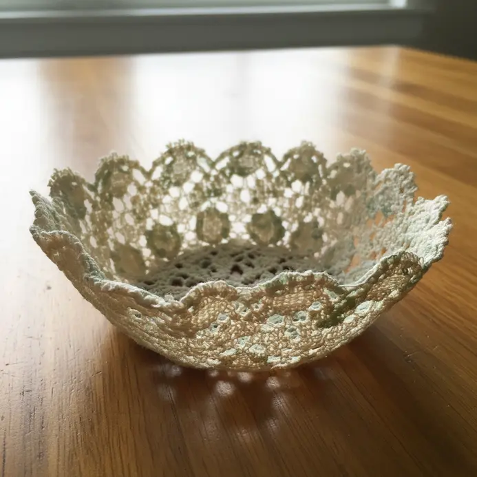 A delicate white lace doily shaped into a small, stiffened bowl holding colorful beads.