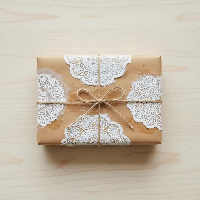 A small gift box wrapped in brown paper with collaged white paper doily pieces and twine.