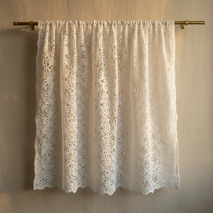 A long, rectangular lace doily panel hanging as a valance in a sunny window.