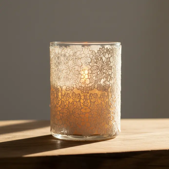 A clear glass mason jar wrapped with a lace doily, with a candle glowing inside.