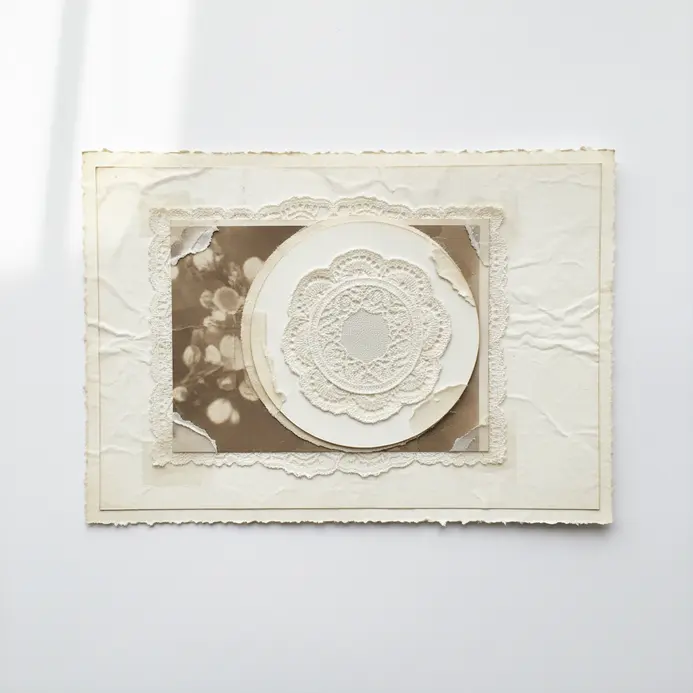 A scrapbook page with vintage photos and small paper doily pieces used as corner accents.
