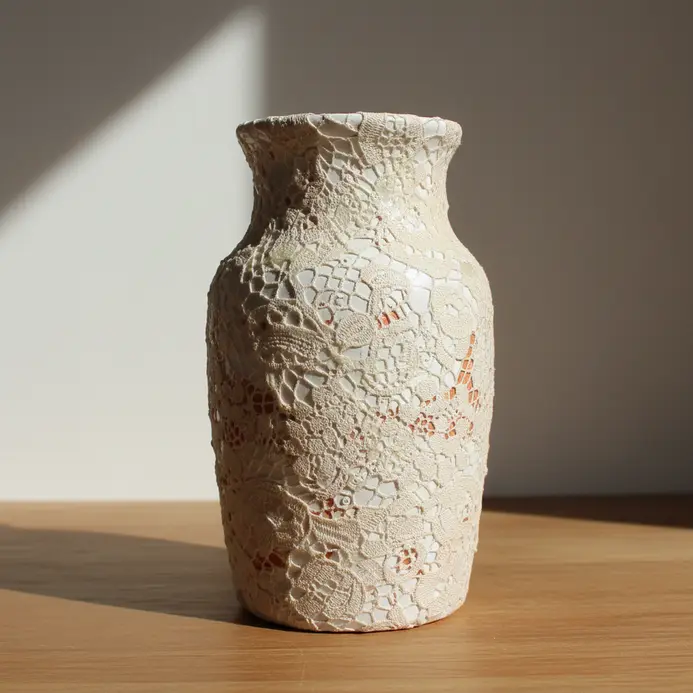 A tall white ceramic vase with a large lace doily wrapped and glued around its center.