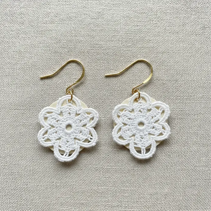 Two small, intricate lace doilies stiffened and attached to gold earring hooks.