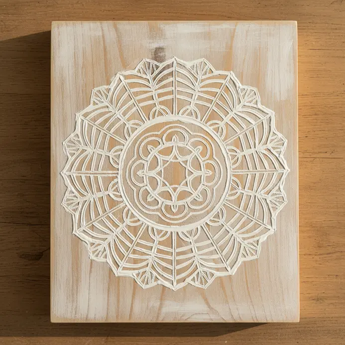 The front of a wooden dresser drawer featuring a white painted lace doily stencil pattern.