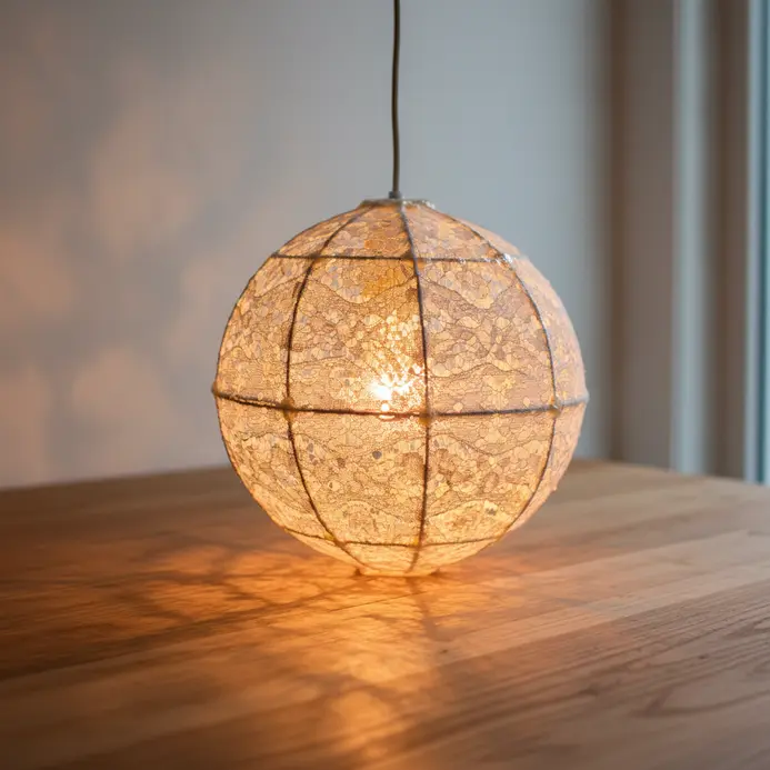 A round pendant light with a lace doily shade casting intricate shadows on a wall.