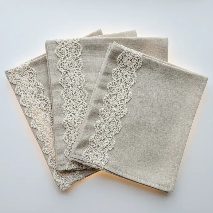 A set of four cream linen napkins, each with a strip of lace doily sewn along one edge.