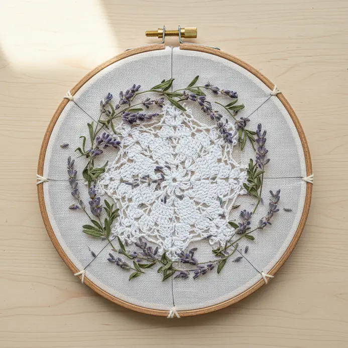 A lace doily stretched in an embroidery hoop and decorated with small dried flowers and a ribbon bow.