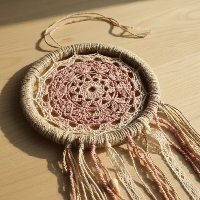 A lace doily centered in an embroidery hoop with feathers and beads hanging below.