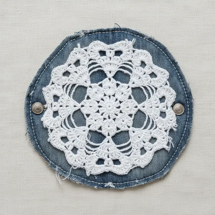 A detailed white lace doily appliqué stitched onto the back of a blue denim jacket.