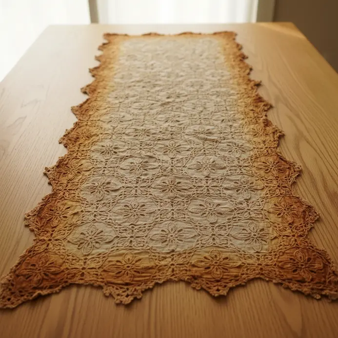An antique-looking lace table runner with tea-stained edges on a wooden dining table.