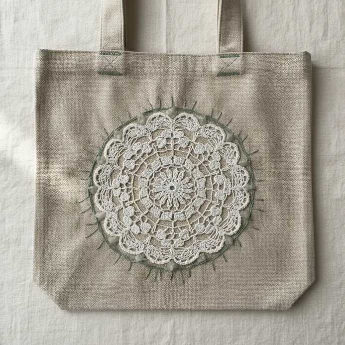A natural canvas tote bag with a large white lace doily appliqué on the front.
