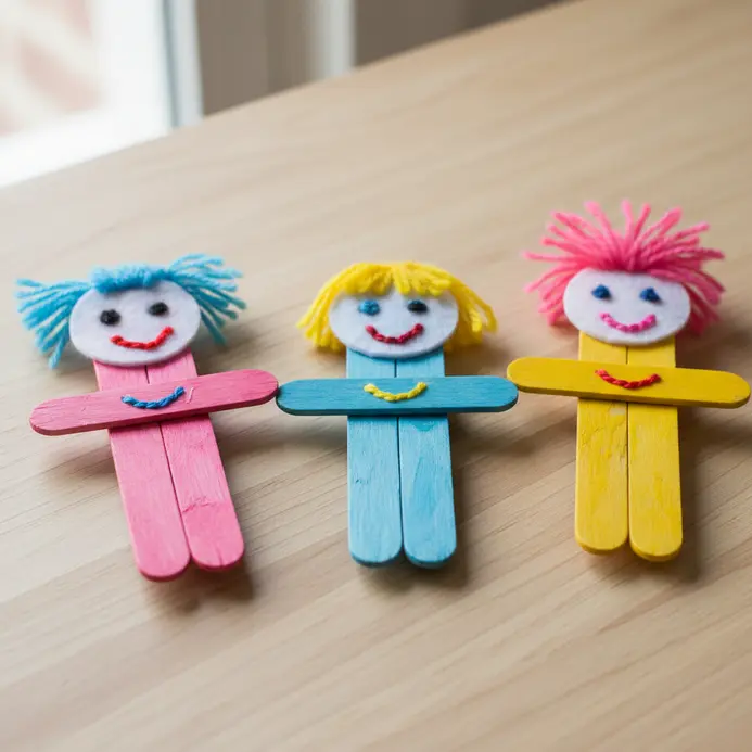 A set of handmade character puppets made from painted popsicle sticks with fabric accessories.