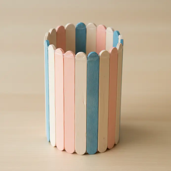 A cylindrical pencil holder built by gluing popsicle sticks vertically around a can, decorated with paint.
