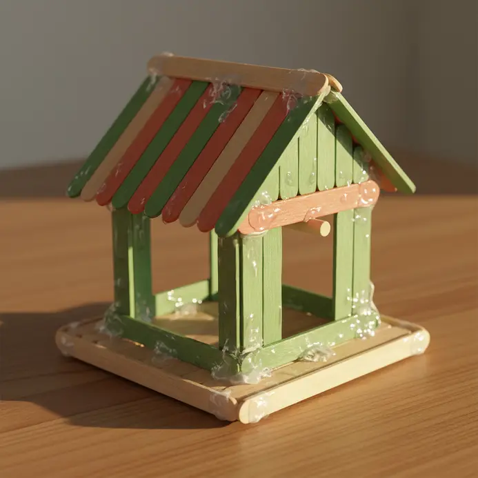 A small wooden bird feeder with a platform constructed from popsicle sticks and a central perch.