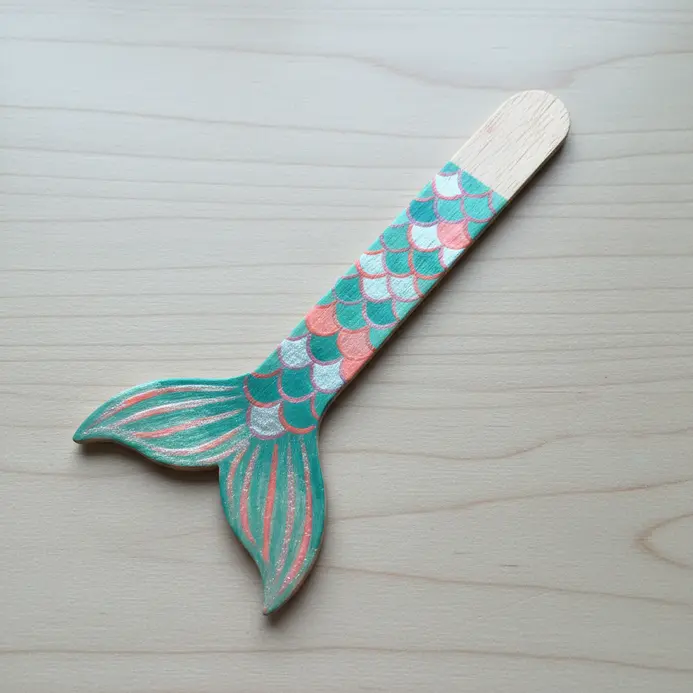 A decorative bookmark made from a popsicle stick painted and shaped to resemble a shimmering mermaid tail.