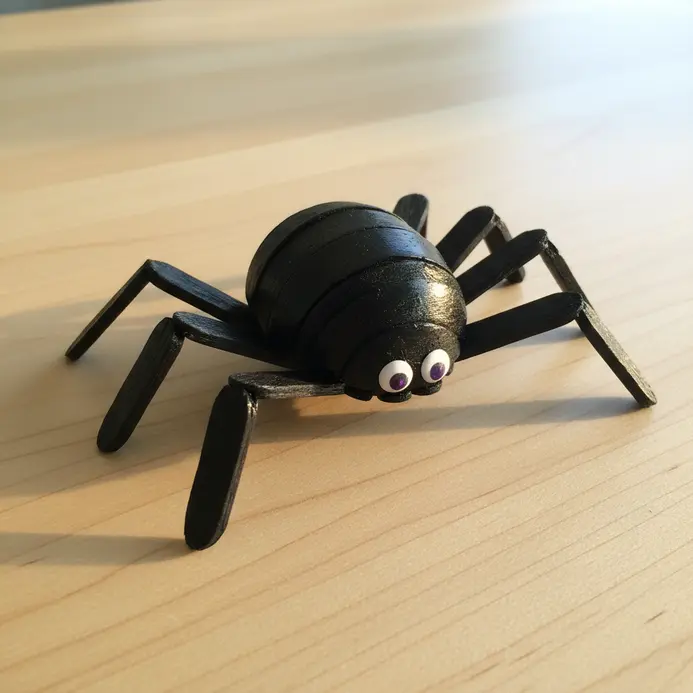 A decorative spider with a pom-pom body and eight legs made from halves of black popsicle sticks.