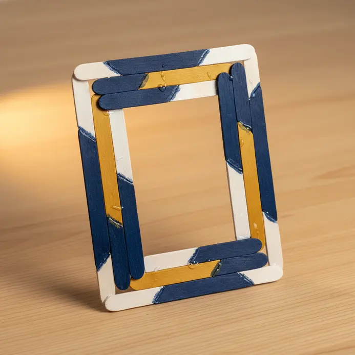 A geometric picture frame constructed from painted popsicle sticks in alternating colors.