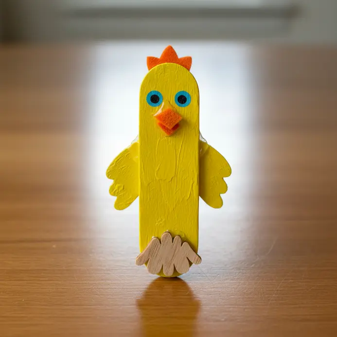 A small chick figurine made from a yellow popsicle stick body, with an orange felt beak and googly eyes.