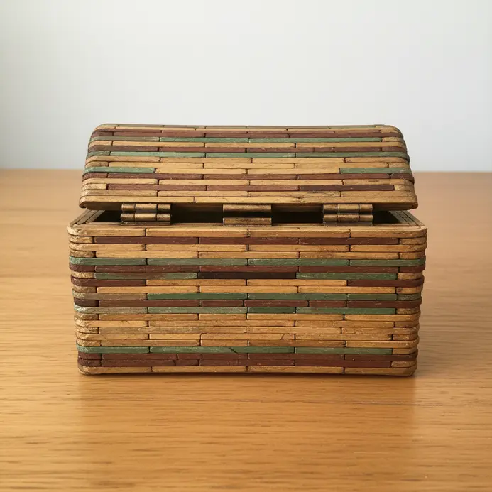 A wooden treasure chest built from layered popsicle sticks, featuring a lid attached with fabric hinges.