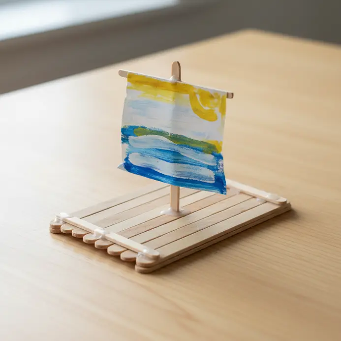 A small boat made from a platform of glued popsicle sticks with a paper sail attached to a mast.