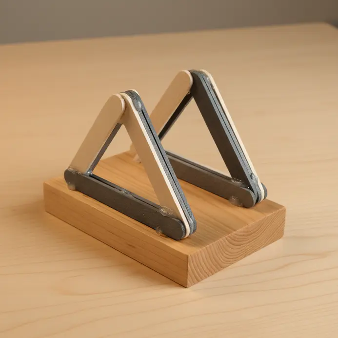 A rectangular napkin holder constructed from popsicle sticks, stained a light wood color.