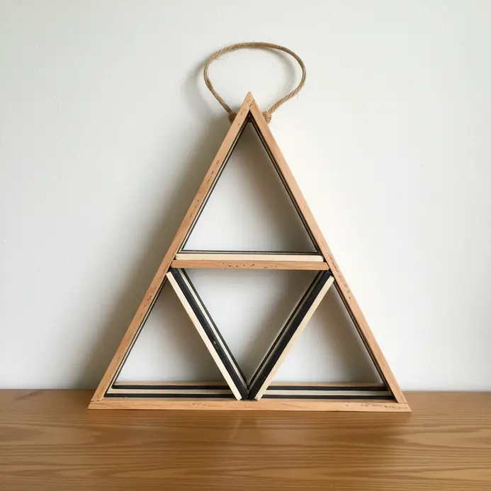 A small triangular wall shelf built from popsicle sticks, capable of holding a lightweight figurine or plant.