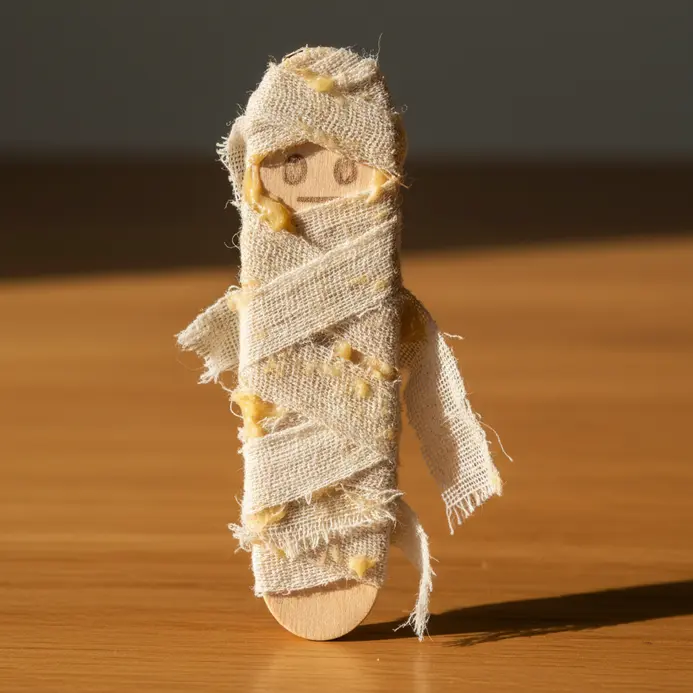 A Halloween decoration of a mummy made from a popsicle stick wrapped tightly with strips of white cloth or bandage.