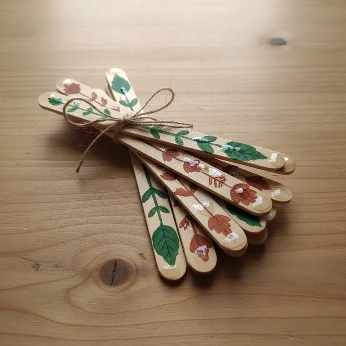 Several popsicle sticks painted with pictures and names of different herbs, stuck into soil in small pots.