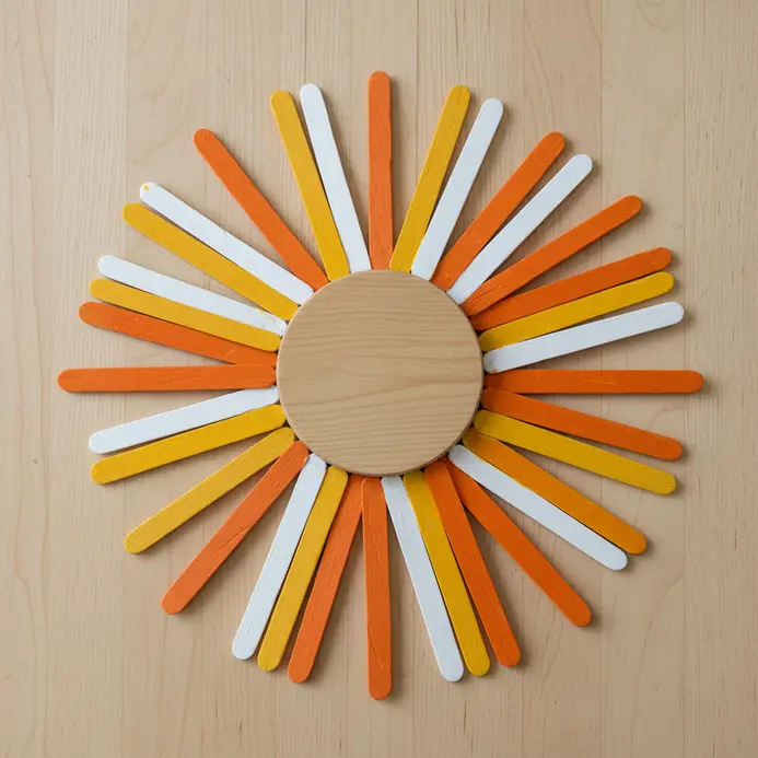A circular wall plaque with rays made from popsicle sticks radiating outward from a central yellow circle.