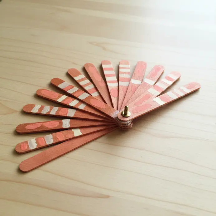 A handheld fan created by pinning several decorated popsicle sticks together at one end, allowing them to spread open.