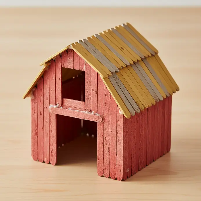 A small farmhouse barn with a pitched roof, built from popsicle sticks, alongside simple stick farm animal figures.