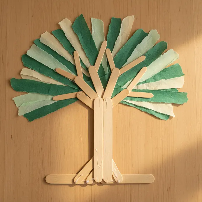 A decorative tree shape on a wall, with a trunk made from vertical popsicle sticks and a canopy of green tissue paper leaves.