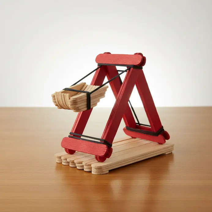 A small catapult built from popsicle sticks, rubber bands, and a plastic spoon, ready to launch.