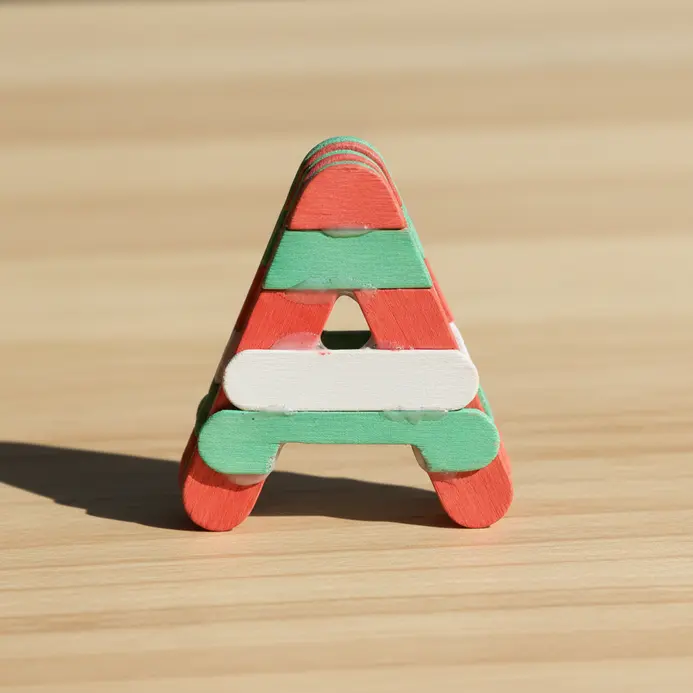 A large, capital letter 'A' formed by layering and gluing painted popsicle sticks together.