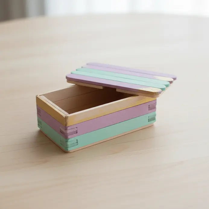 A tiny, lidded box constructed from popsicle sticks, painted with colorful designs.