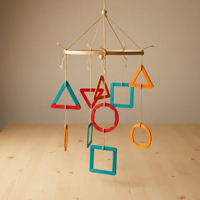 A colorful mobile made from a hoop, with painted popsicle stick stars and shapes hanging at different lengths.