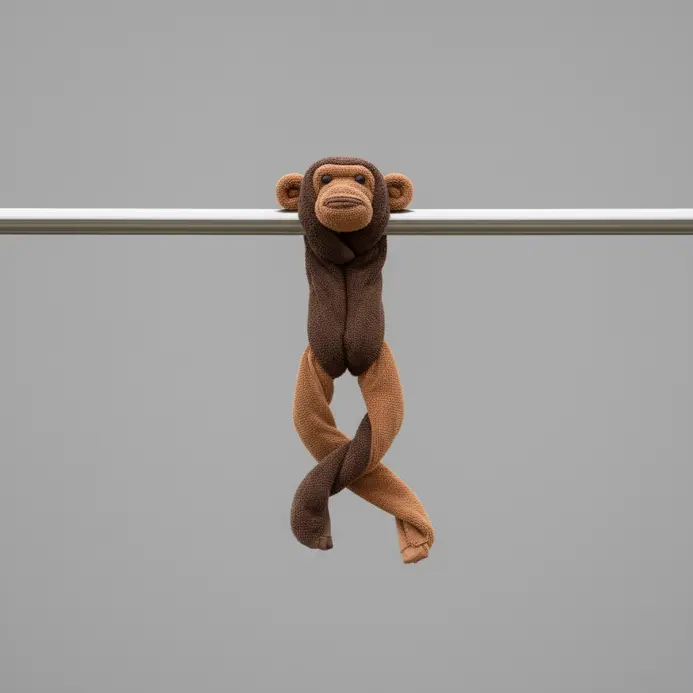 A whimsical monkey figure with limbs, created from a rolled bath towel hanging on a bar.