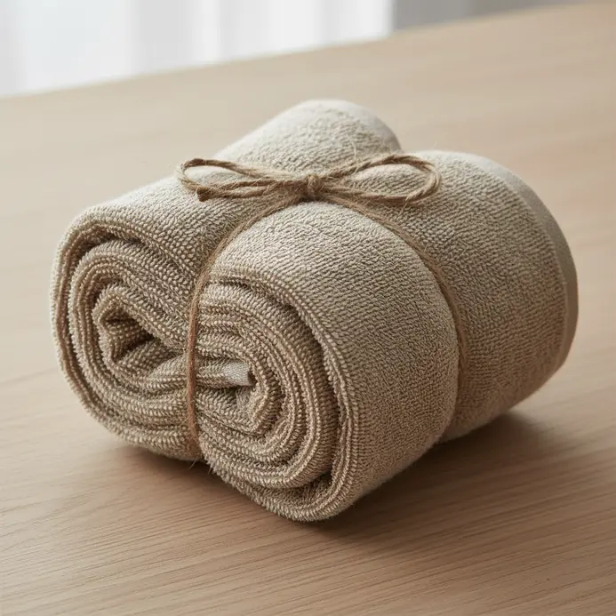 A rolled bath towel bundle tied with a piece of rustic jute twine for a natural look.